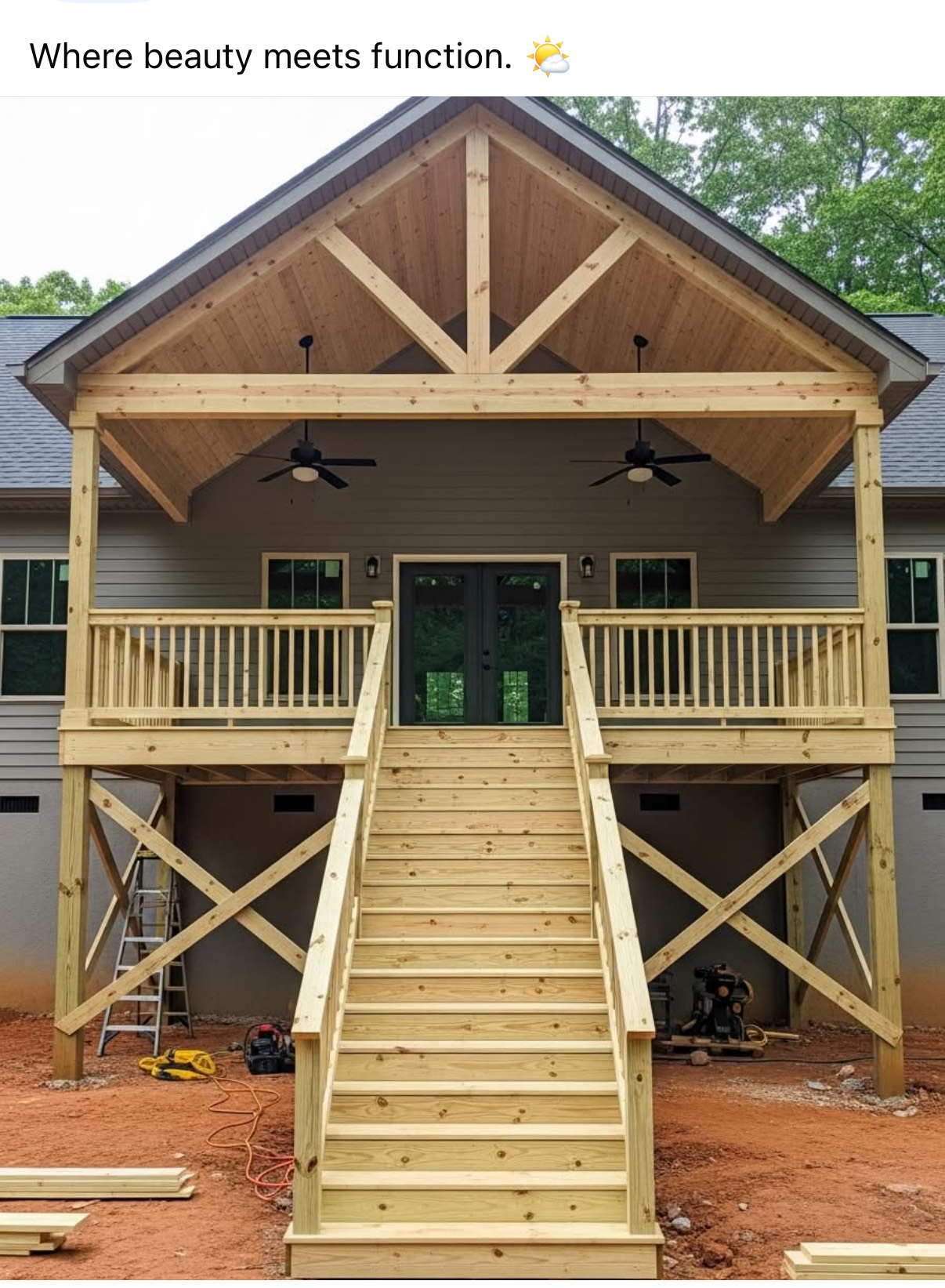 Covered Deck with Ceiling Fans - X-Bracing and Wide Center Stairs
