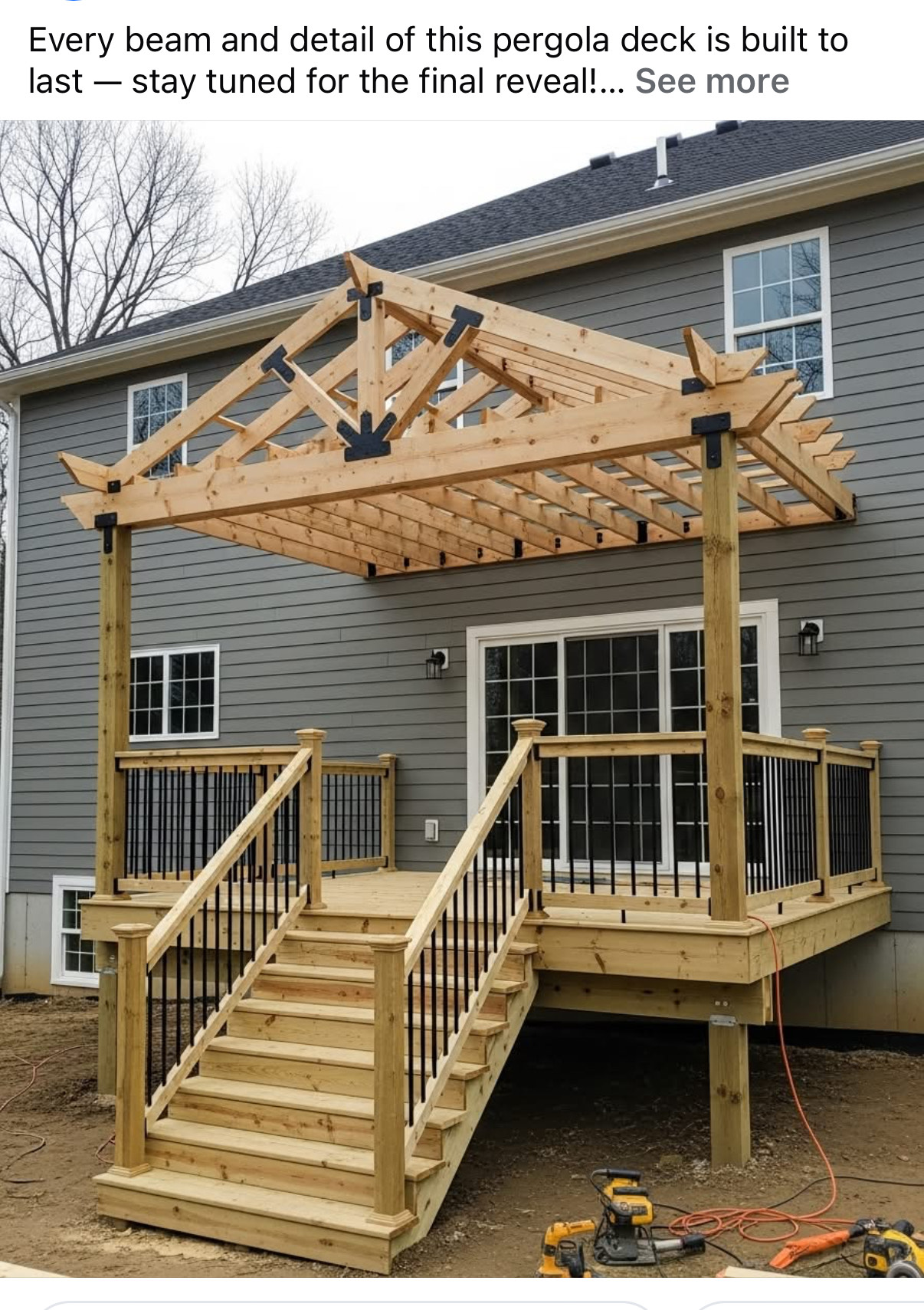 Decorative Pergola Deck - Two-Level Platform with Open Rafter Design